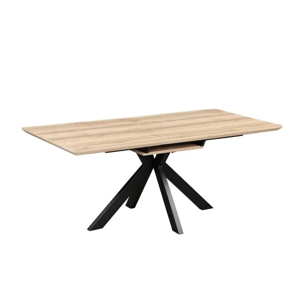 Rectangular oak dining table with black metal legs and modern cross base design