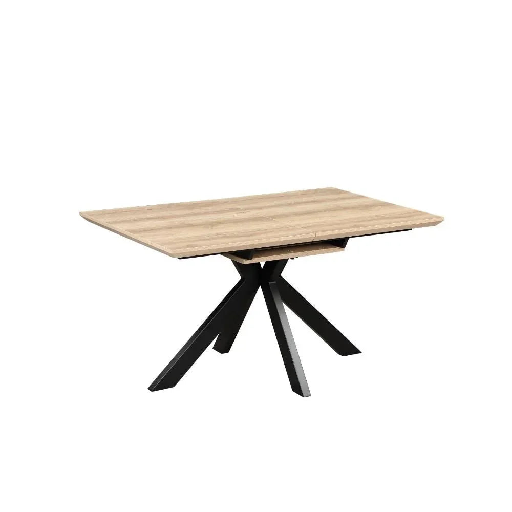 Rectangular oak dining table with black metal legs and modern crossed base design