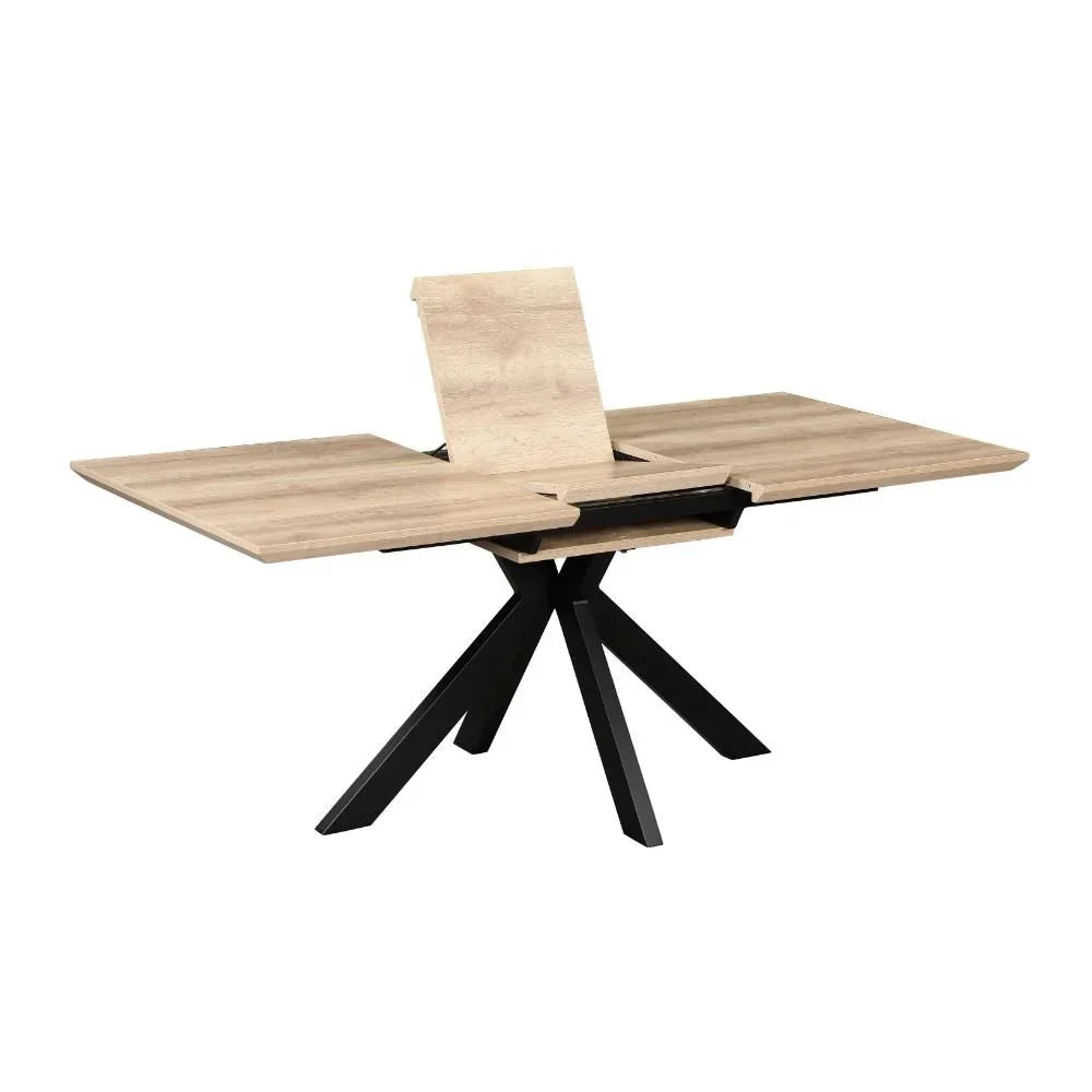 Wooden extending dining table with black metal legs and open leaf mechanism
