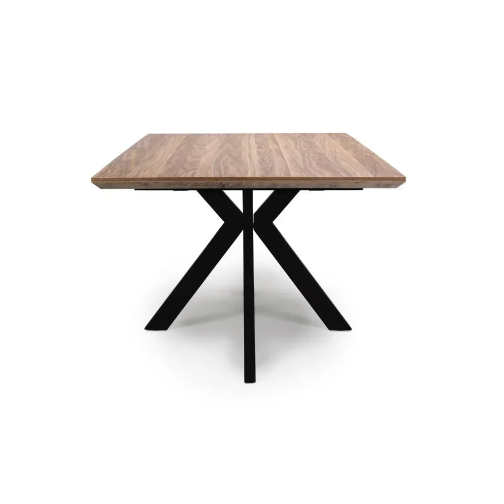 Square wood dining table with black metal cross legs, front view
