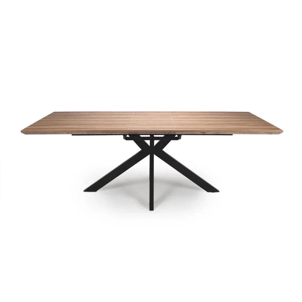 Rectangular wood dining table with black metal cross legs, shown from the front