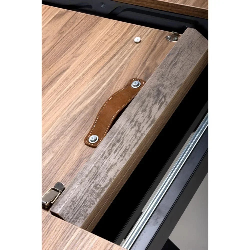 Close-up of extending dining table mechanism with wood finish and brown leather handle