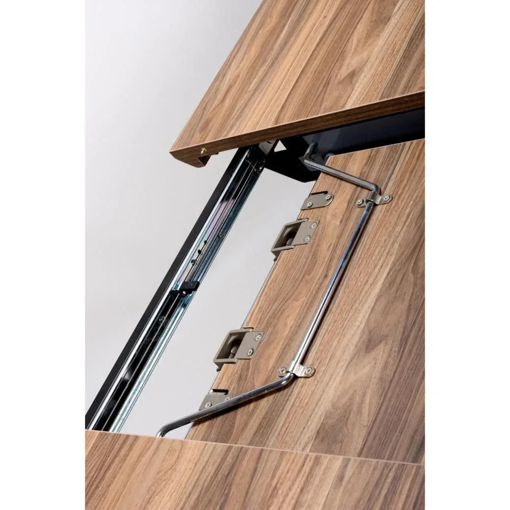 Lift up mechanism on wood dining table with metal hinges and grain finish detail