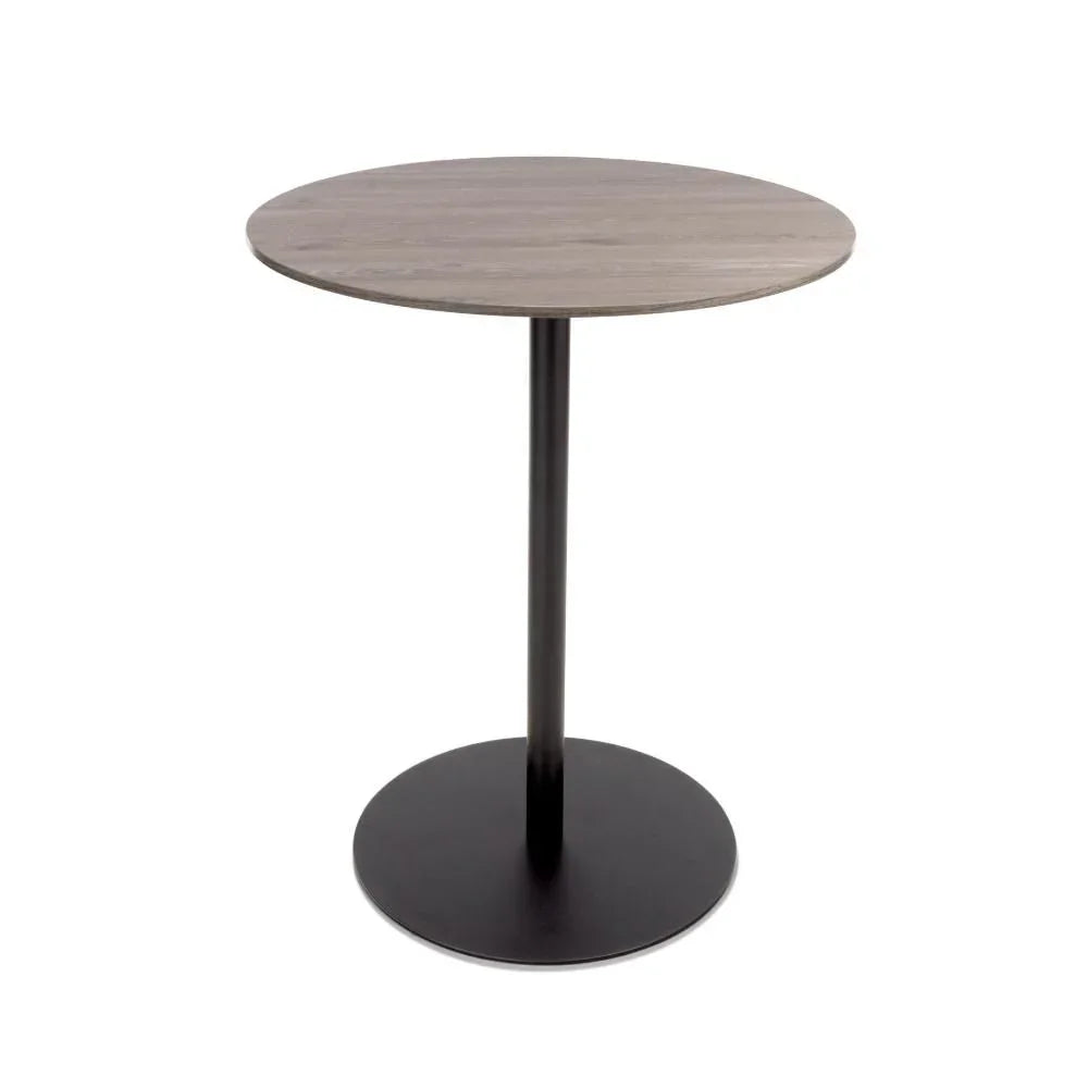 Round side table with light wood top and black metal pedestal base