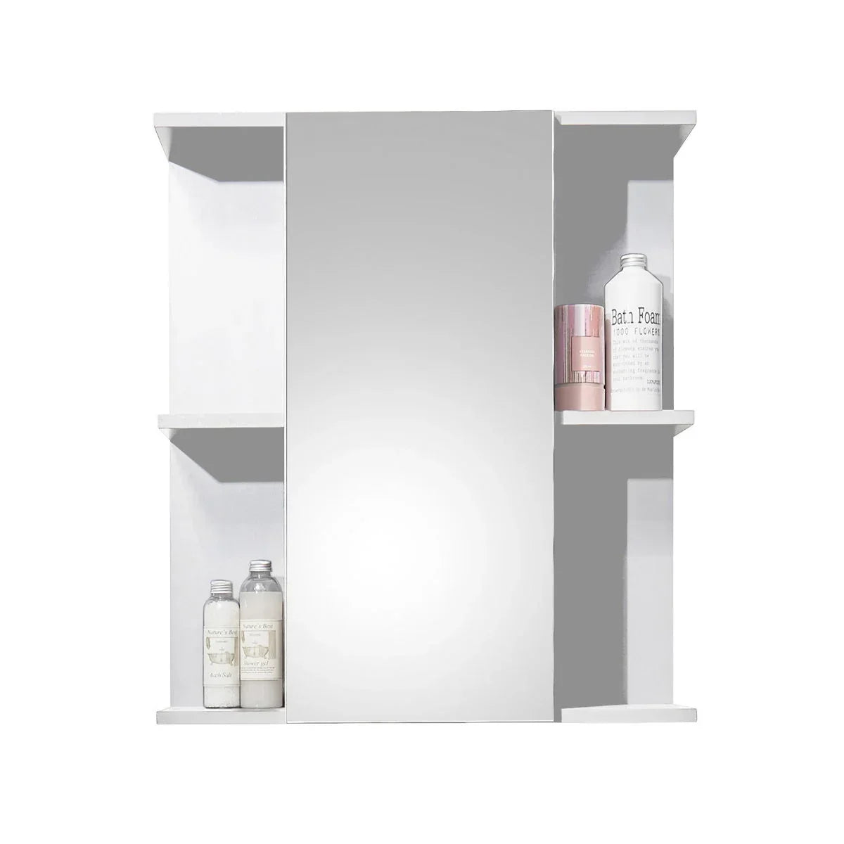 white mirrored cabinet with one door and open side shelves holding bathroom products