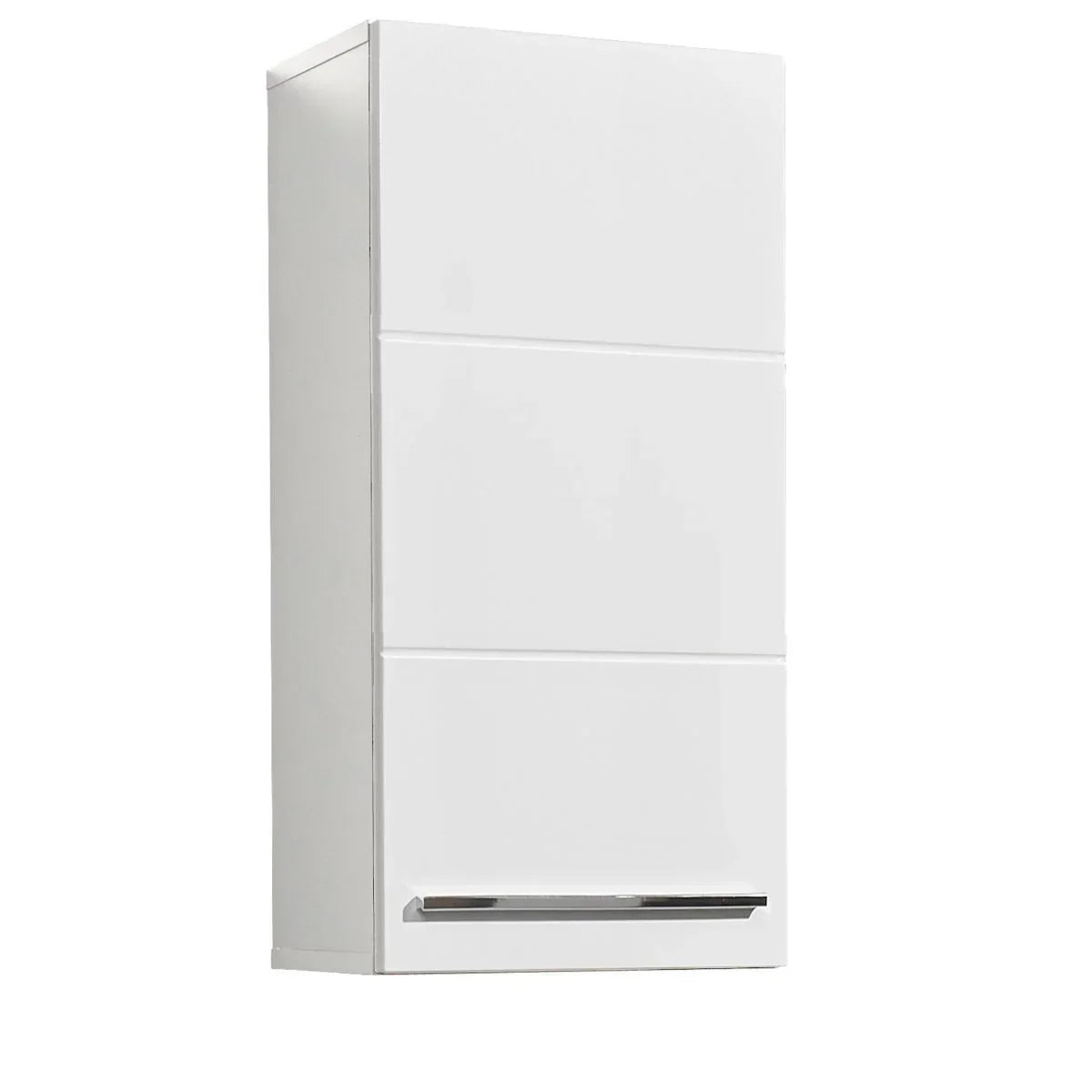 white wall unit cabinet with chrome handle and high gloss finish, front angle view