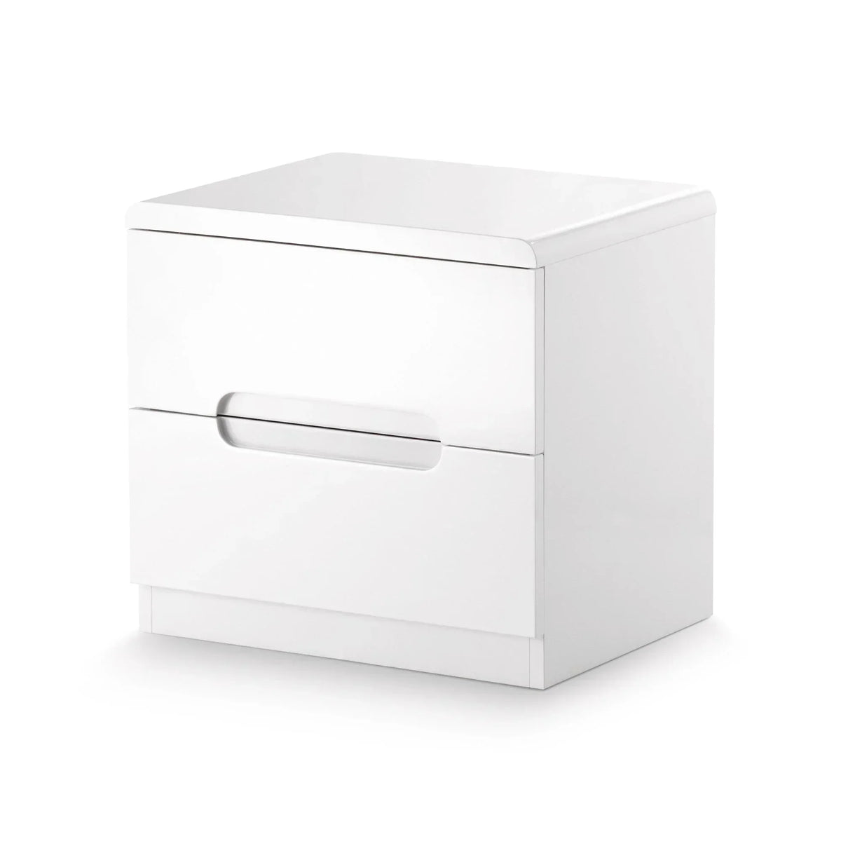 White bedside table with two drawers and integrated handles, modern bedroom furniture