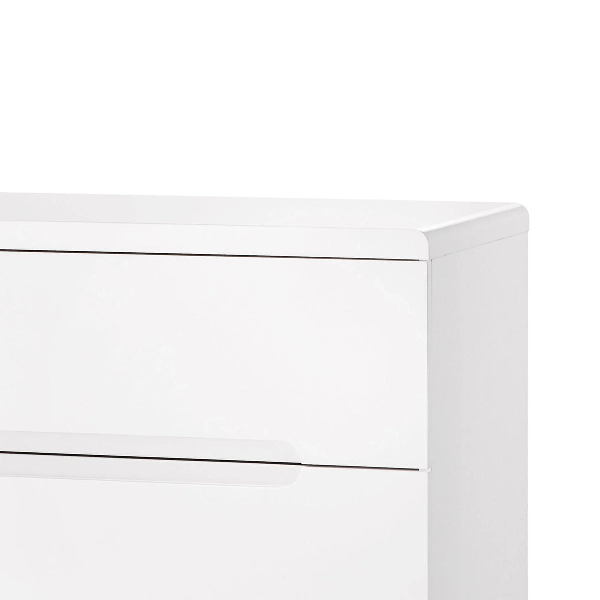 White 3 drawer chest close-up showing smooth glossy finish and integrated drawer handles