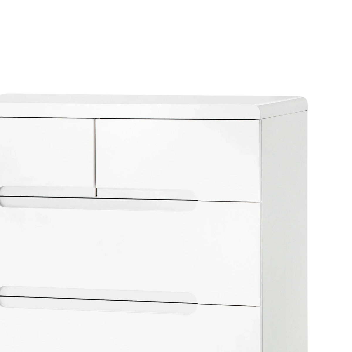 White 2 drawer chest with smooth high gloss finish and integrated handles, corner detail view