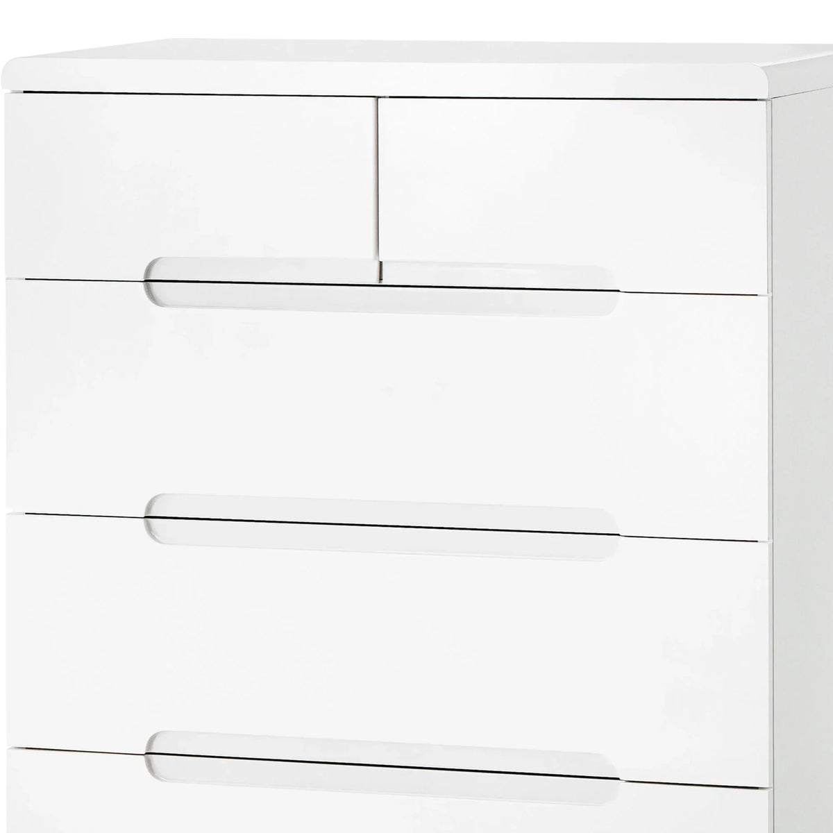 White 2 drawer chest with modern handle detail and smooth glossy finish, close-up view