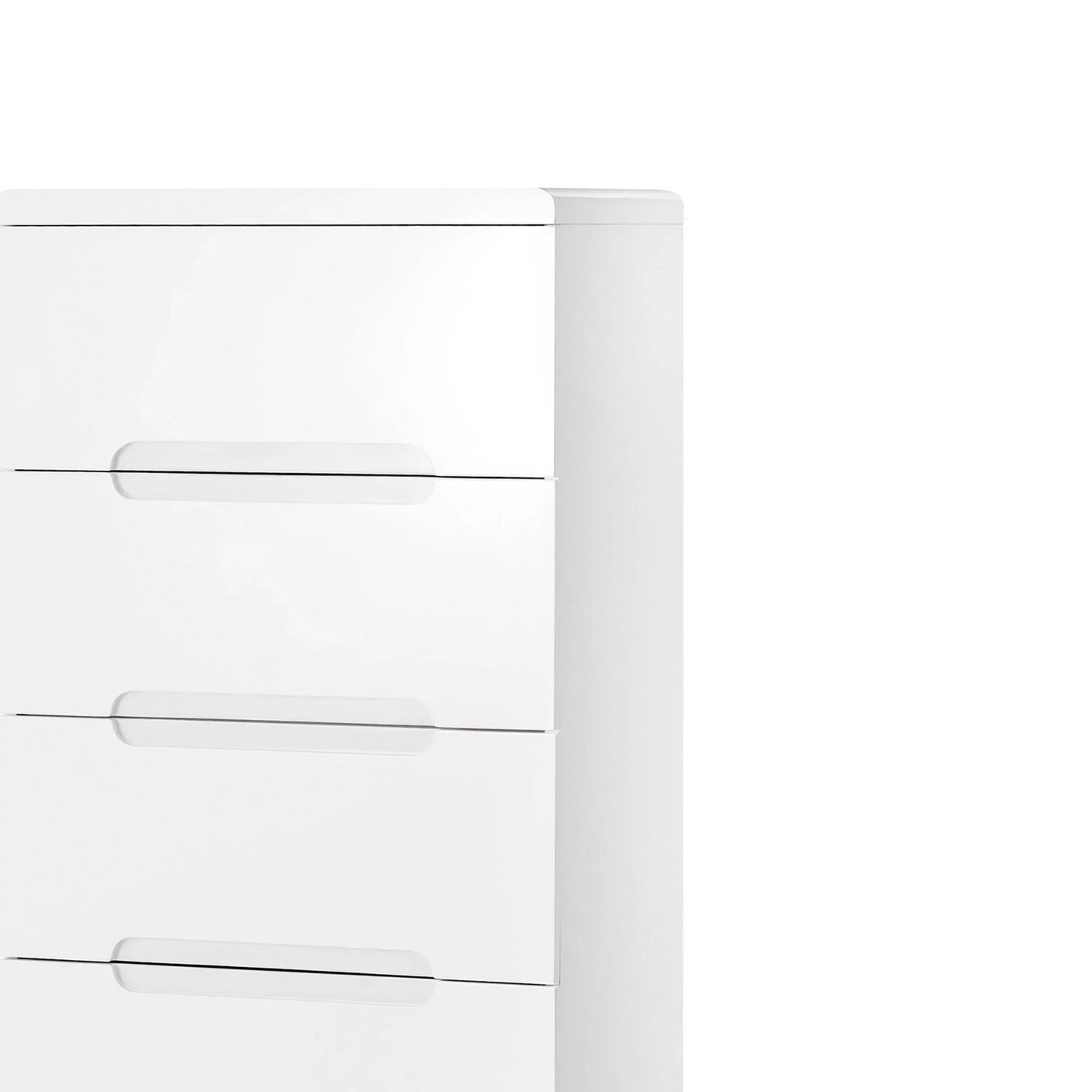 White five drawer chest with smooth finish and integrated handles, close side view