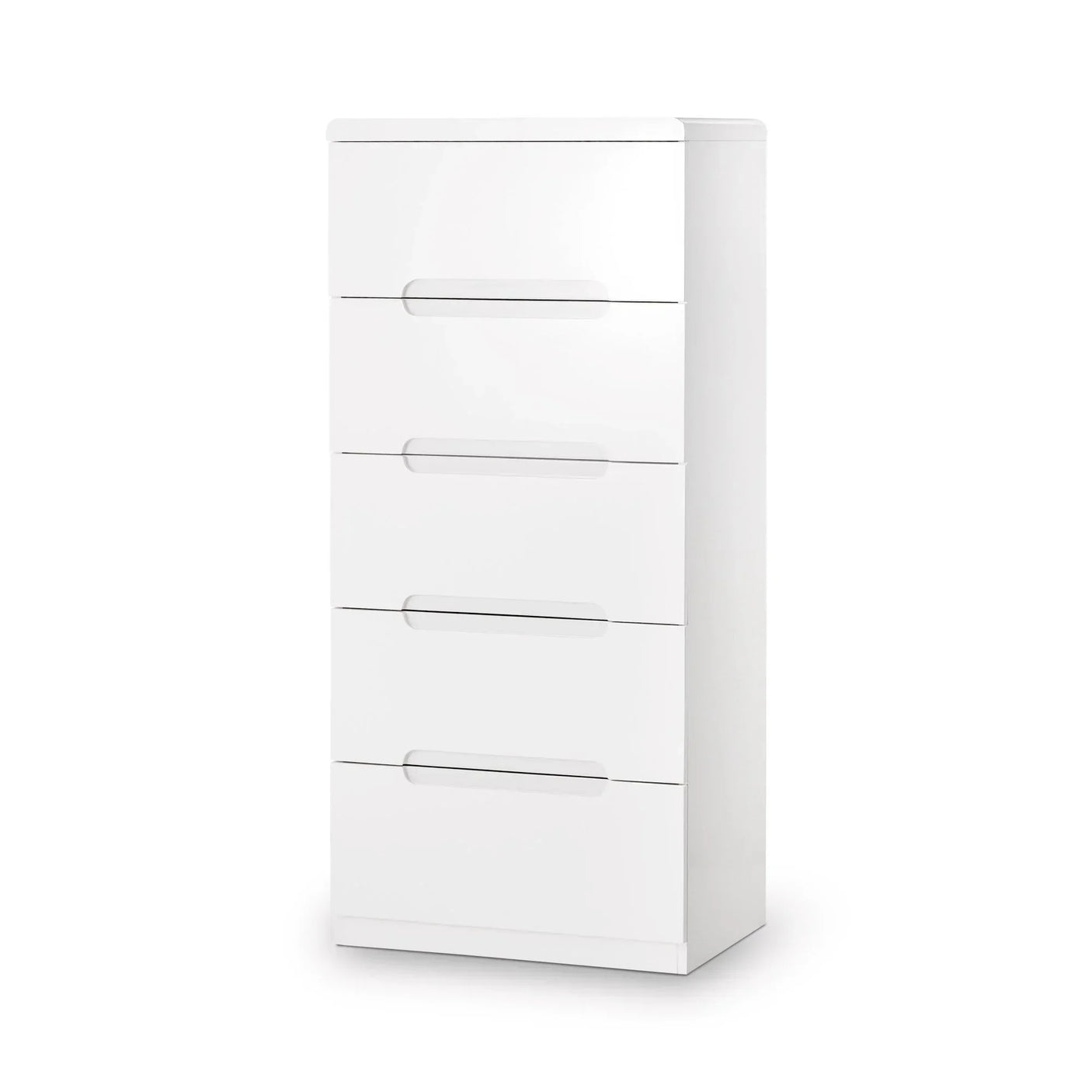 White chest of drawers with five handleless drawers, modern gloss finish, angled view
