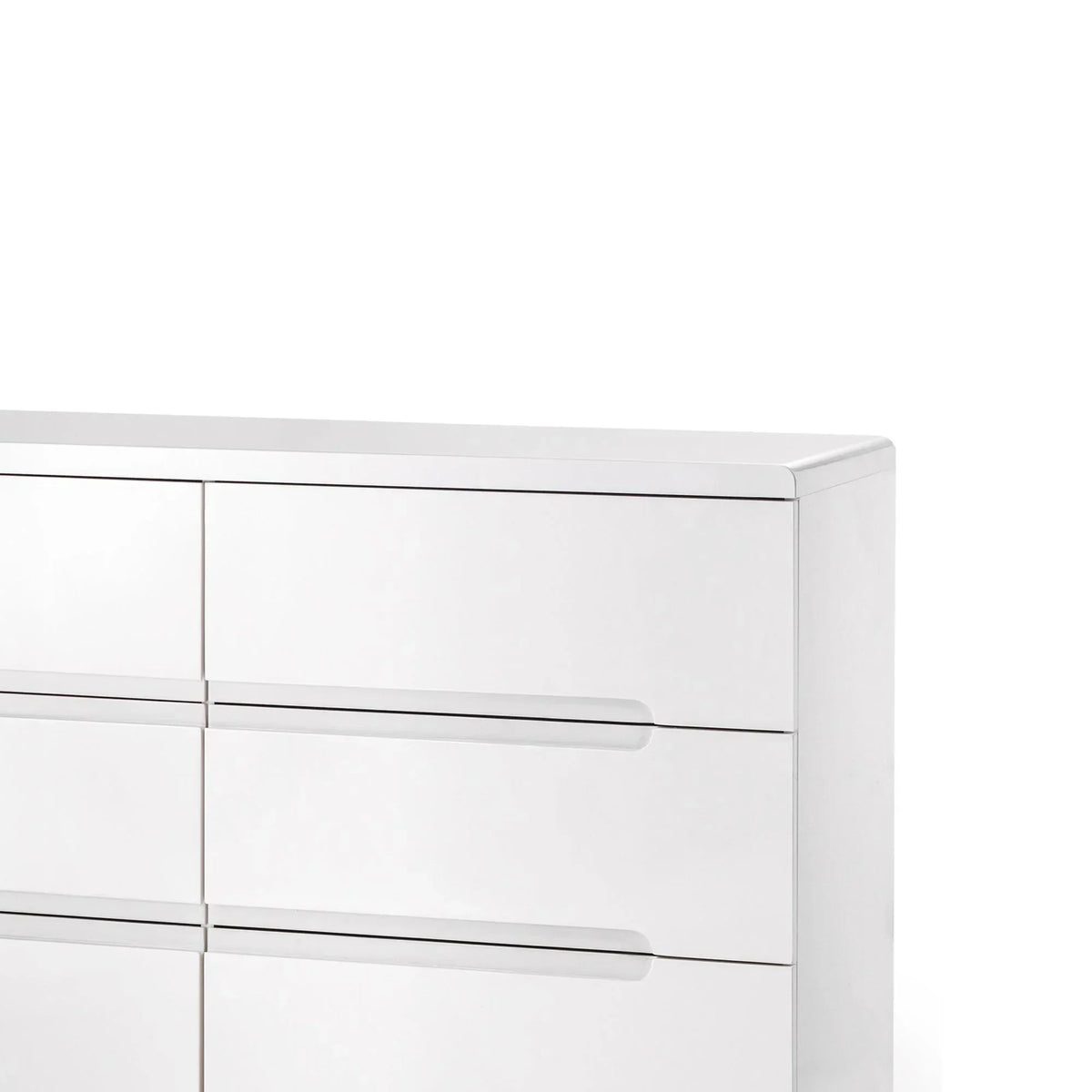 White six drawer wide chest with sleek modern design and integrated handle detail