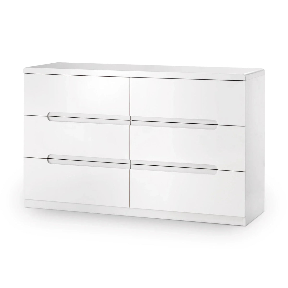 White gloss six drawer chest with modern handleless design, front view