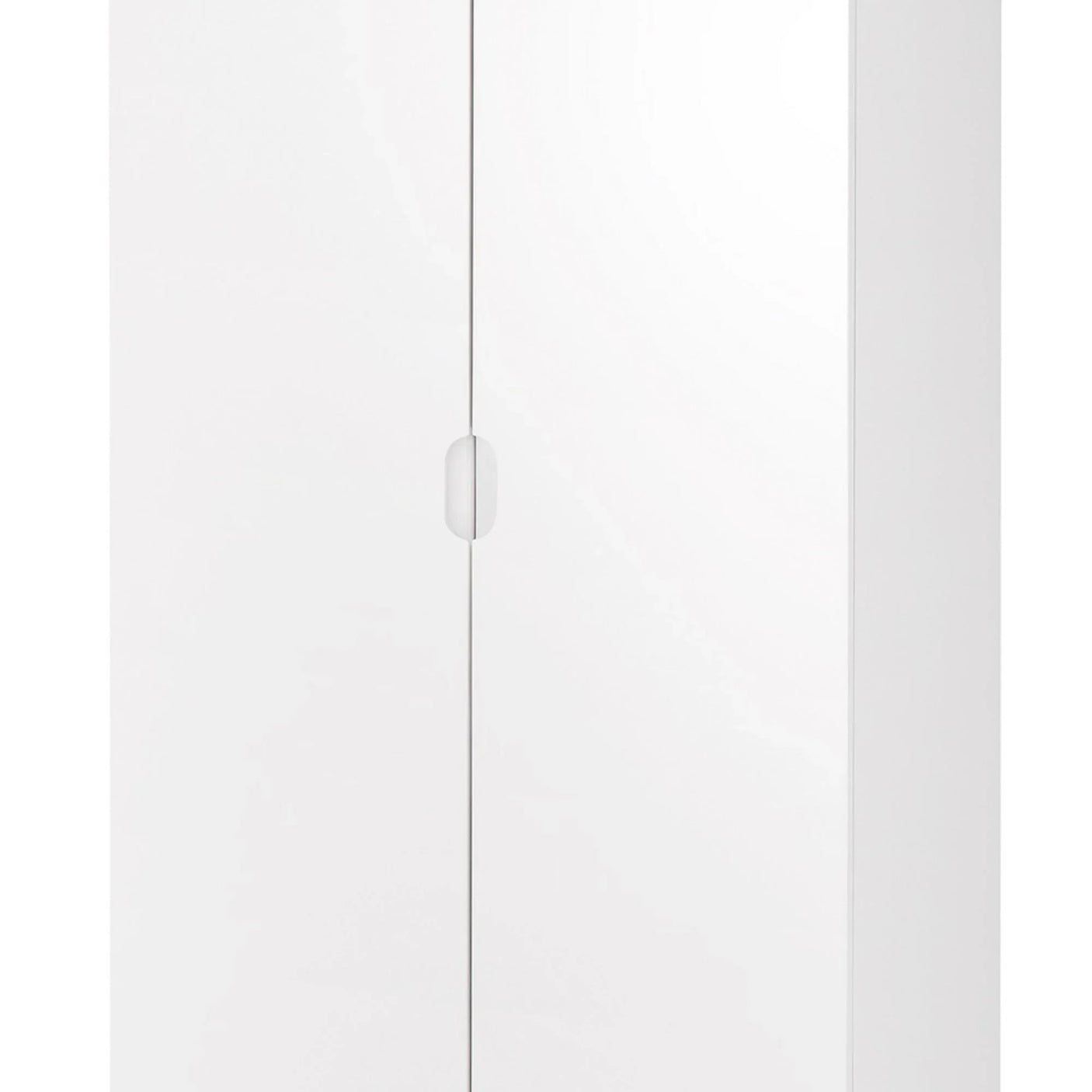 White two door wardrobe with recessed handles, close-up showing smooth finish