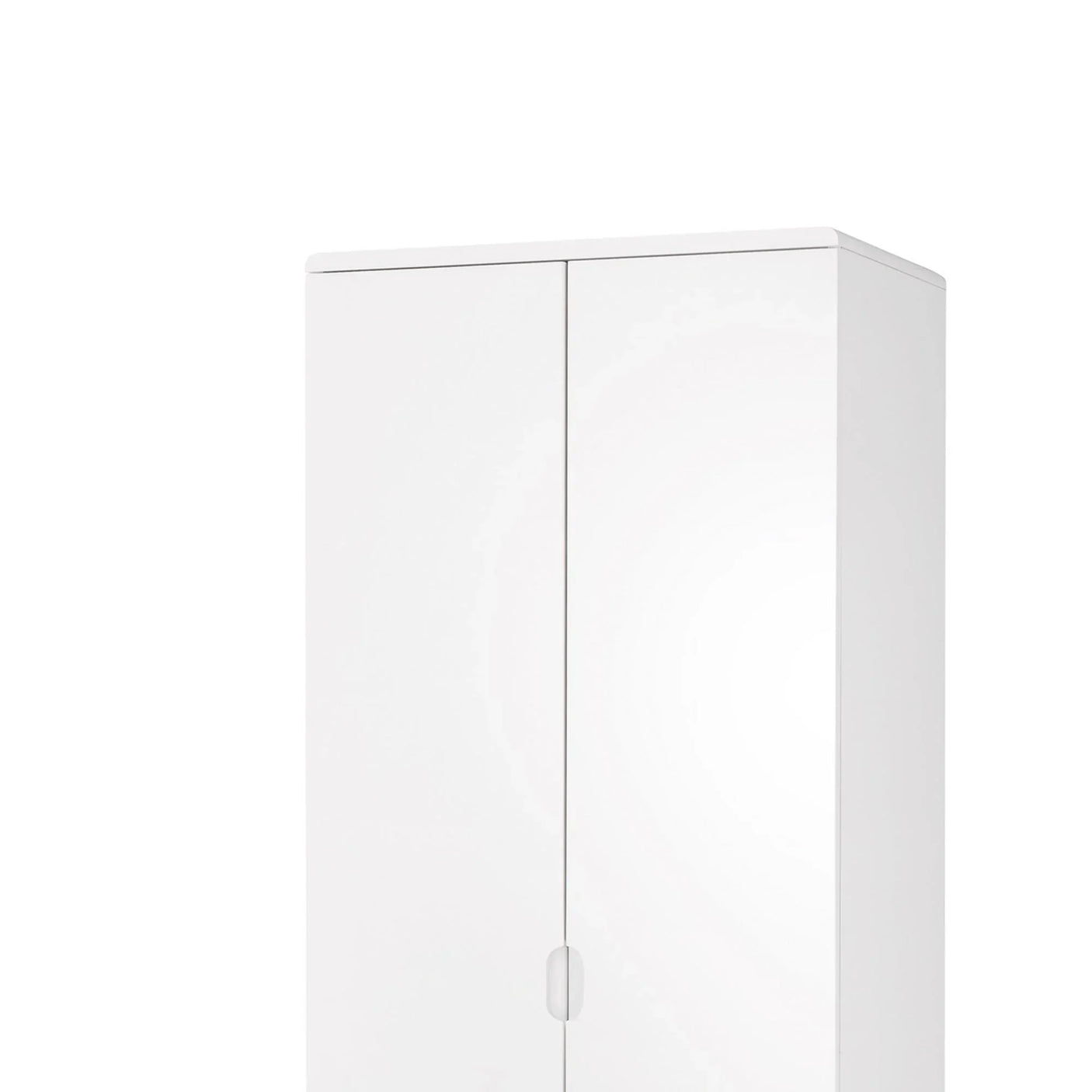 White 2 door wardrobe with smooth finish and rounded edge detail, partial front view