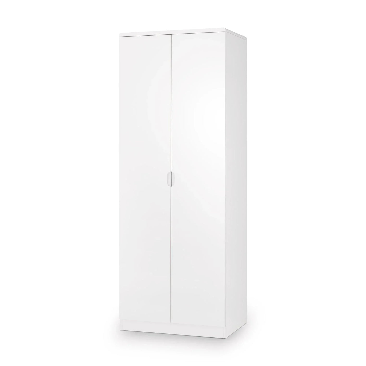 White two door wardrobe with flat front and simple handles, shown at an angle