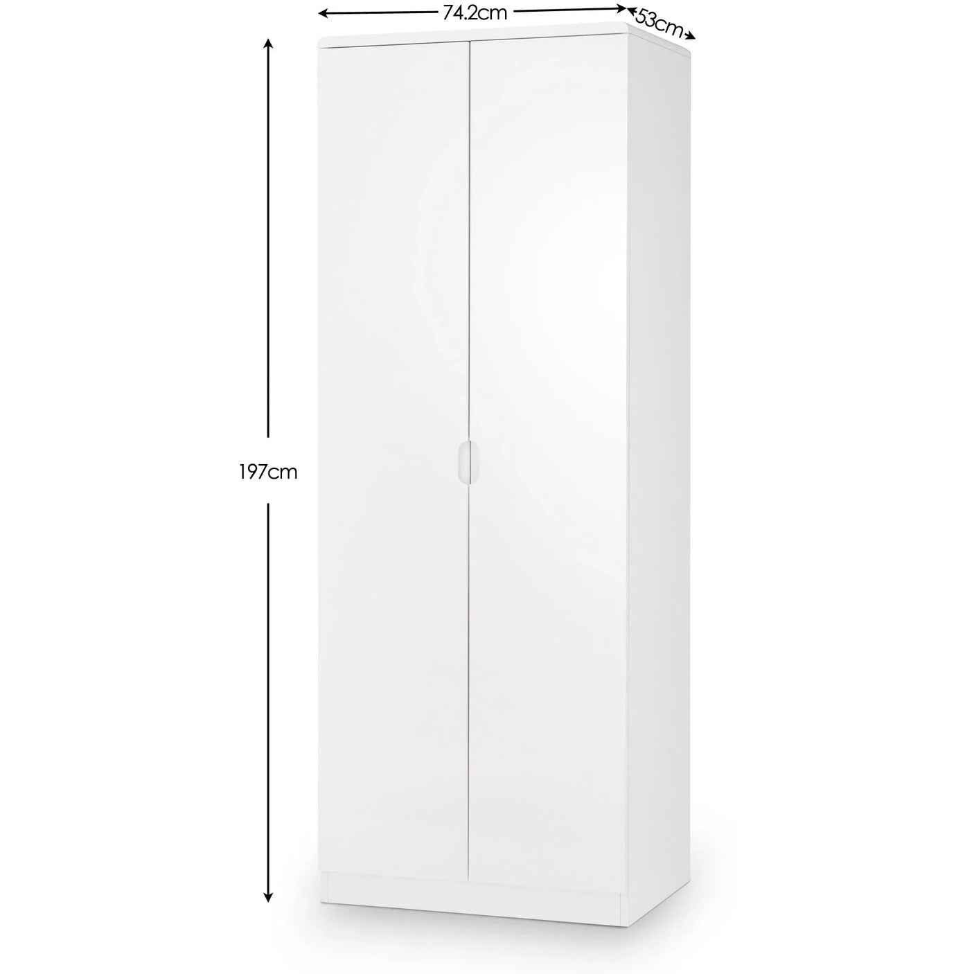 White wardrobe with two doors, modern design, shown with height and width measurements