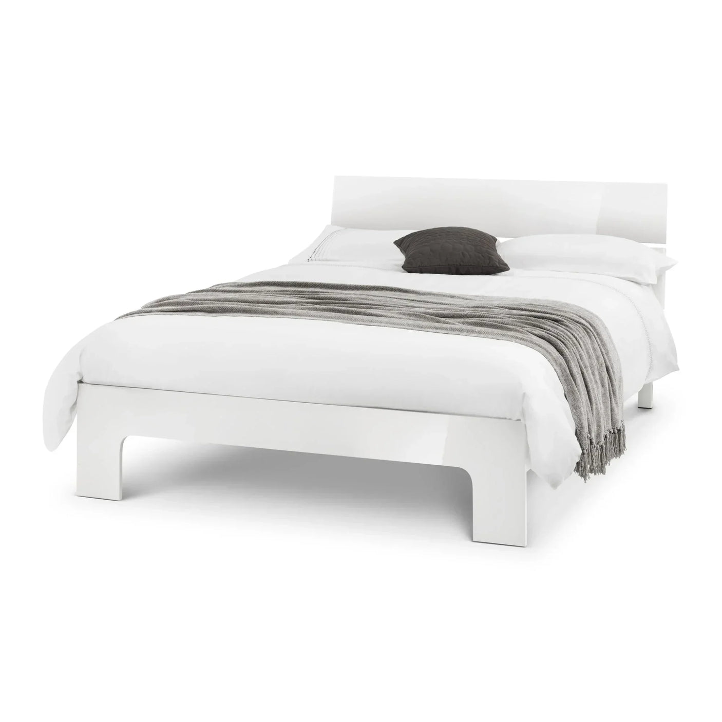 White double bed frame with high headboard, styled with white bedding and grey throw blanket