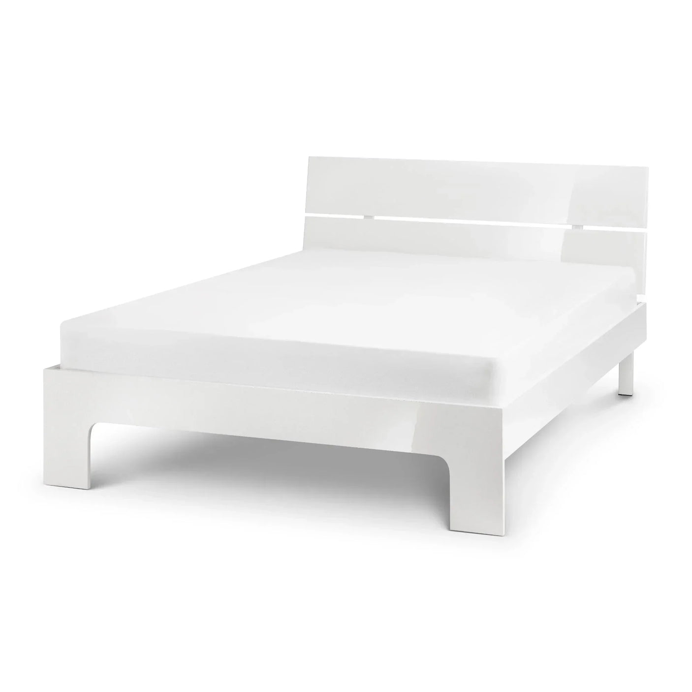 White double bed frame with low profile and slatted headboard, angled front view