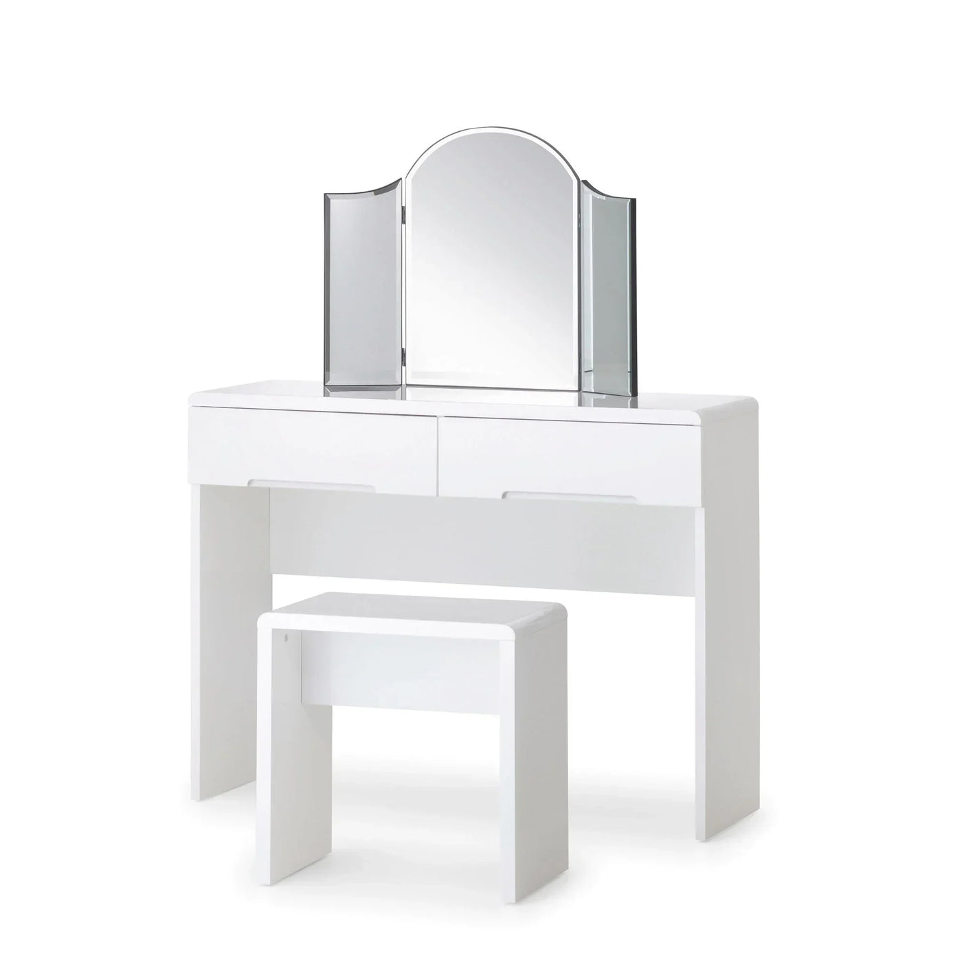 White dressing table with two drawers, matching stool, and three-panel mirror