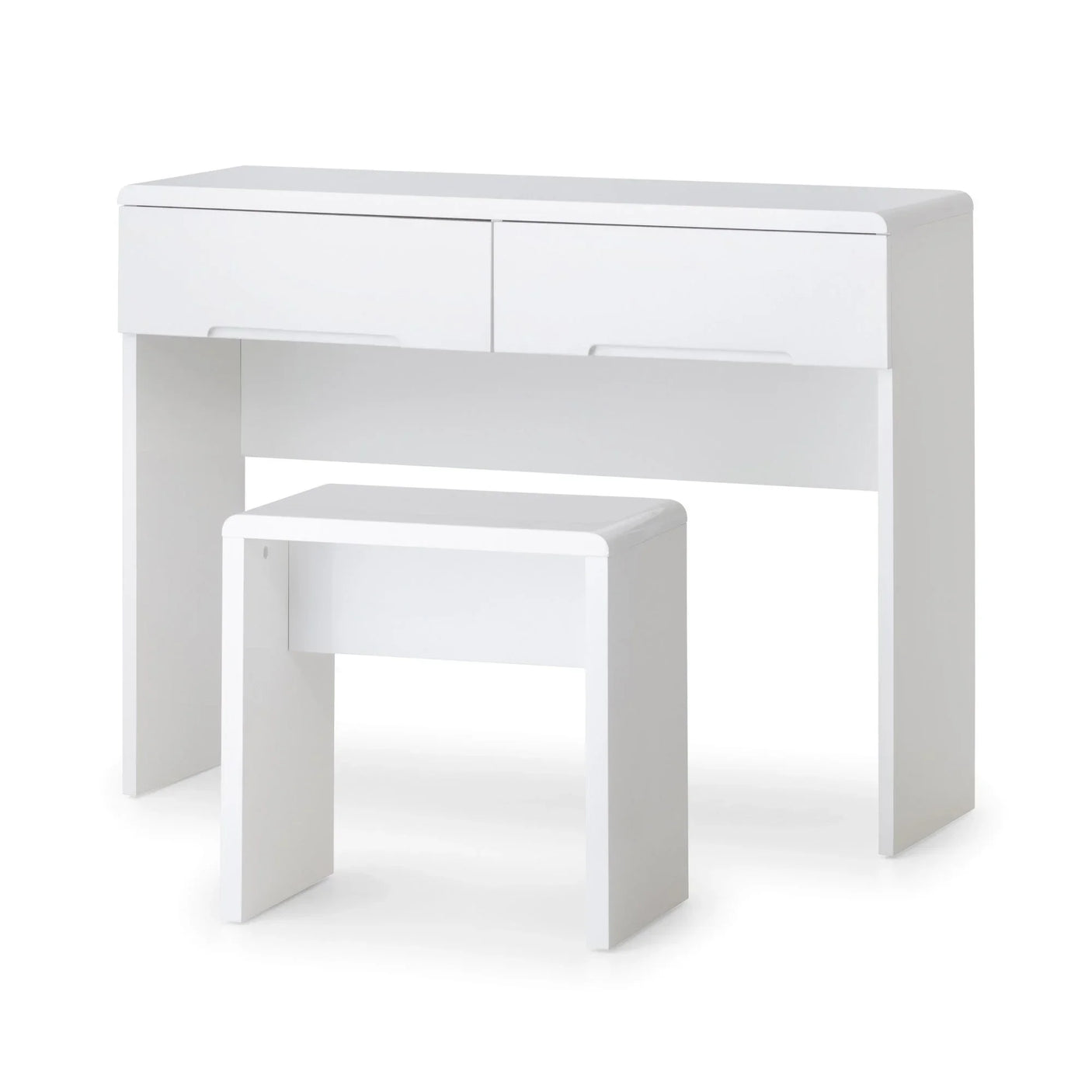 White dressing table with two drawers and matching stool, minimalist modern style