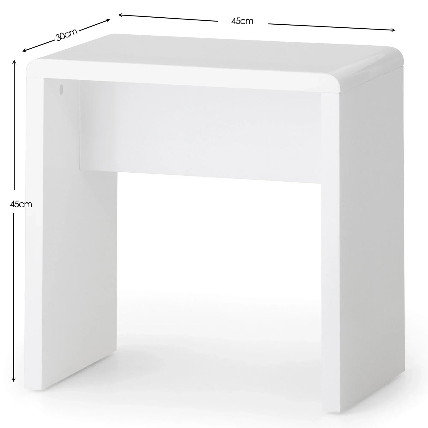 White dressing table stool with minimalist design and dimensions marked, 45cm height and width