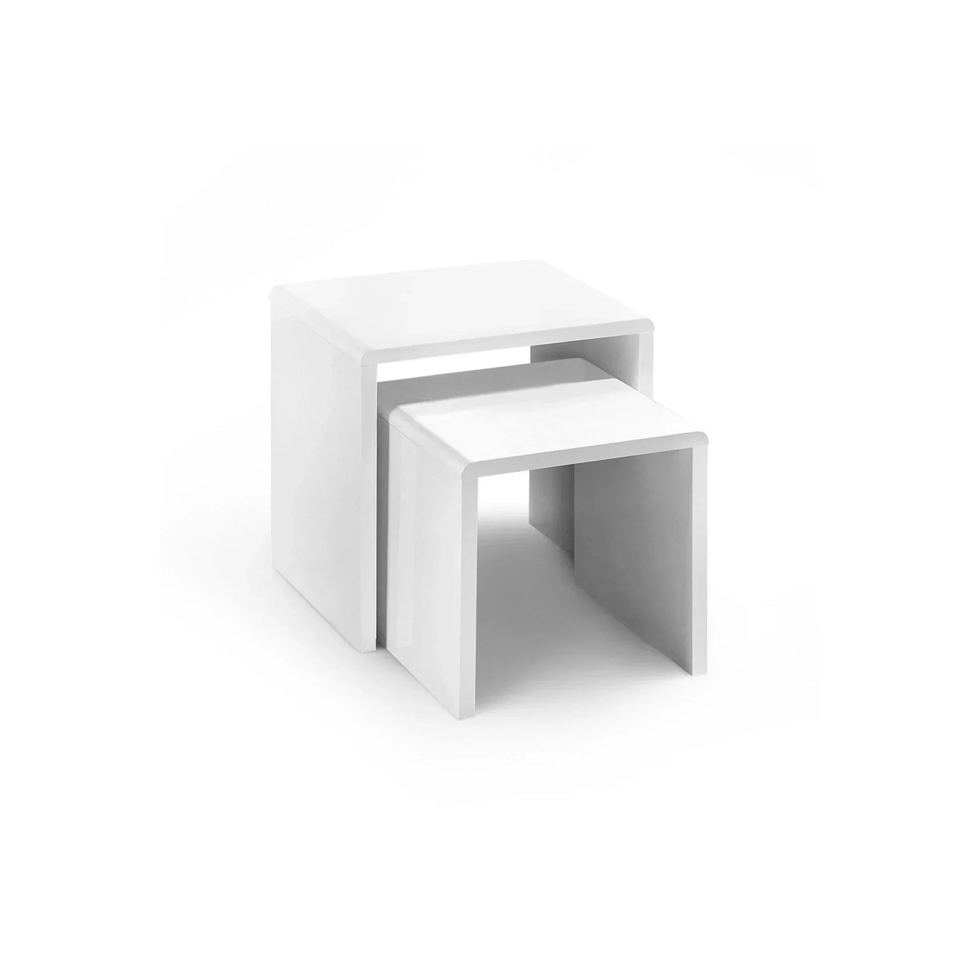 White nesting tables set with clean, modern lines and rectangular design on plain background