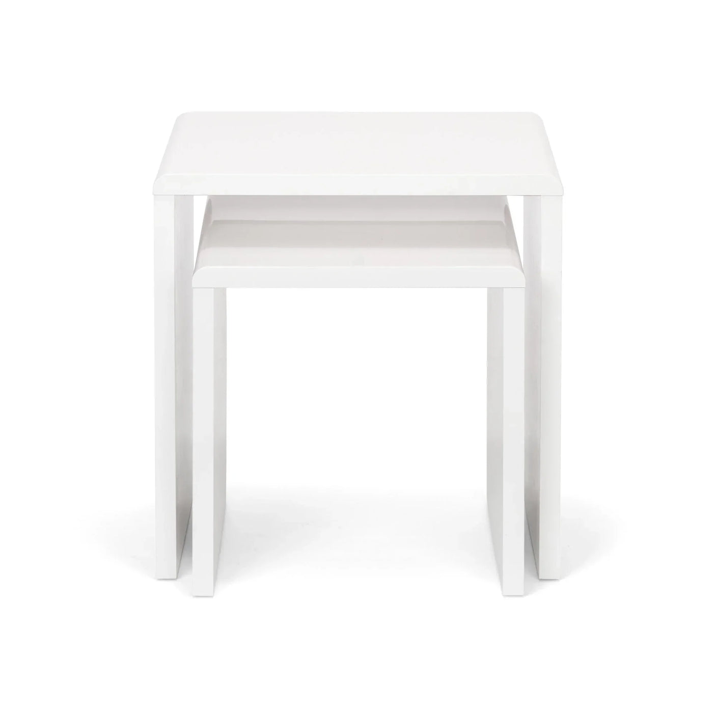 White nesting tables set with clean lines, modern rectangular design, front view