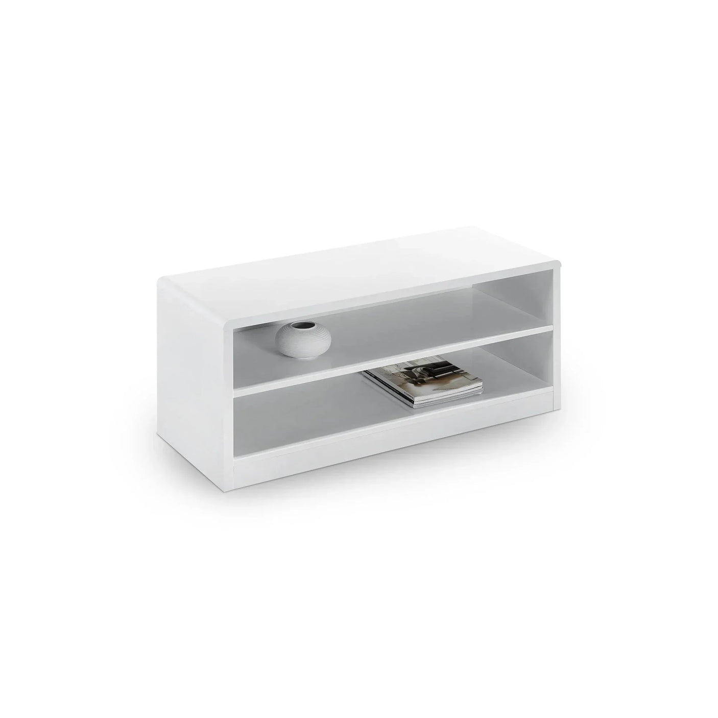 White gloss coffee table with open shelves, vase and magazines displayed on lower shelf