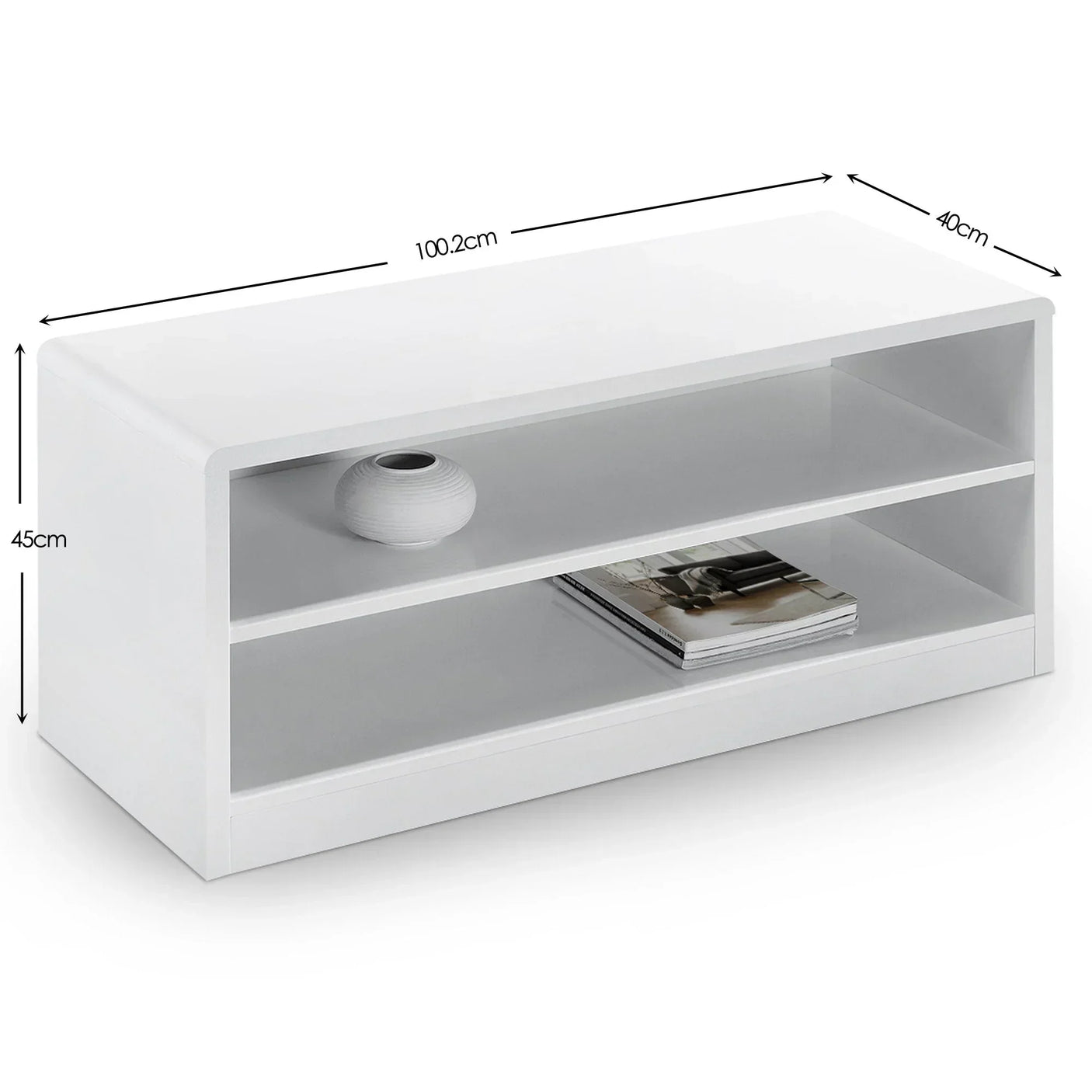 White coffee table with open shelving, displaying vase and magazines, size shown in cm