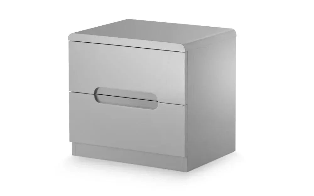 Grey bedside table with two drawers and integrated handle design
