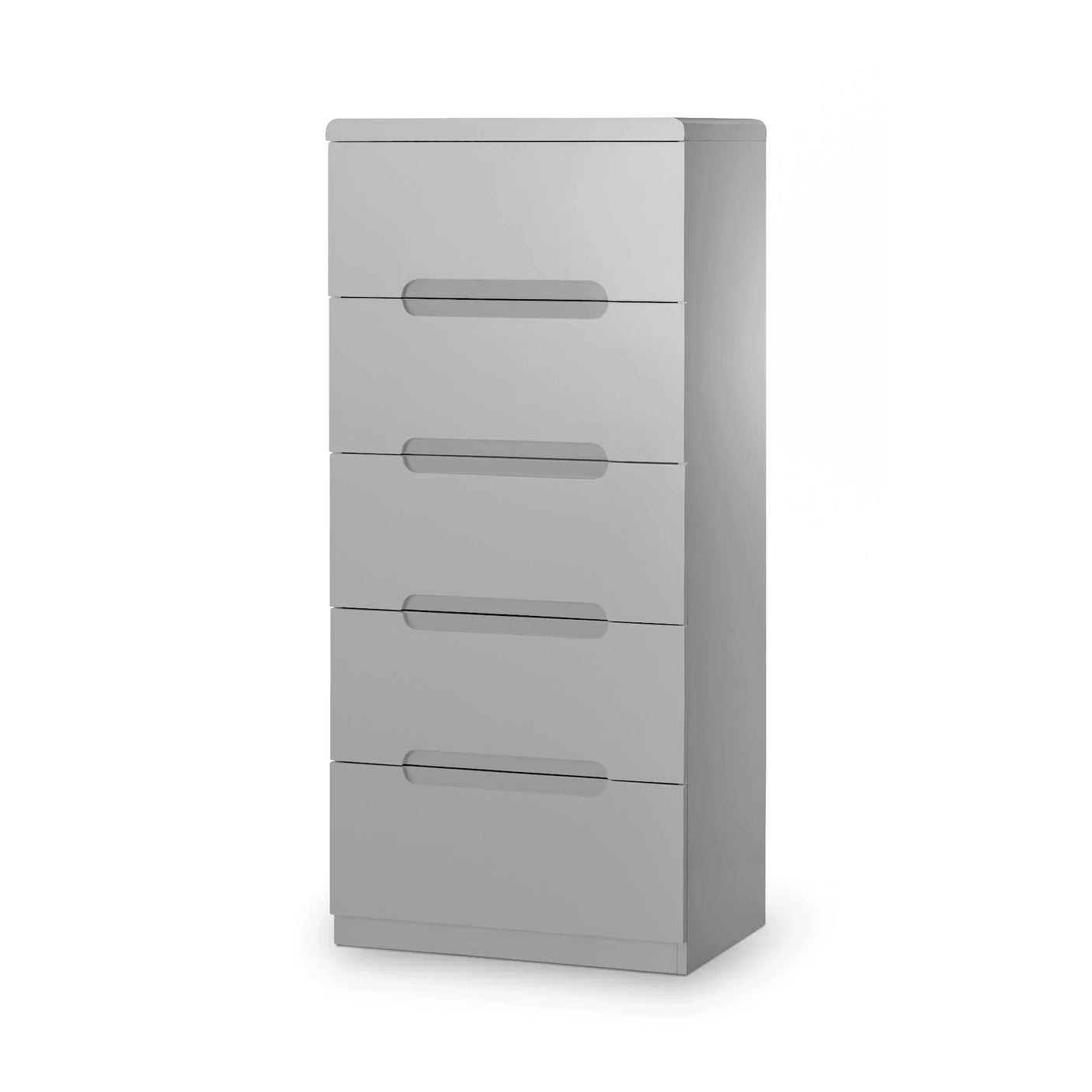 Grey five drawer narrow chest with modern cutout handles, angled front view
