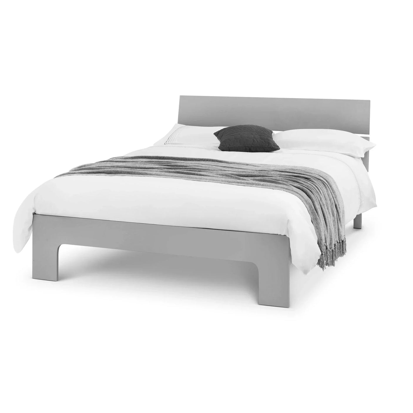 Modern grey wooden bed frame with low headboard, white bedding and grey throw blanket