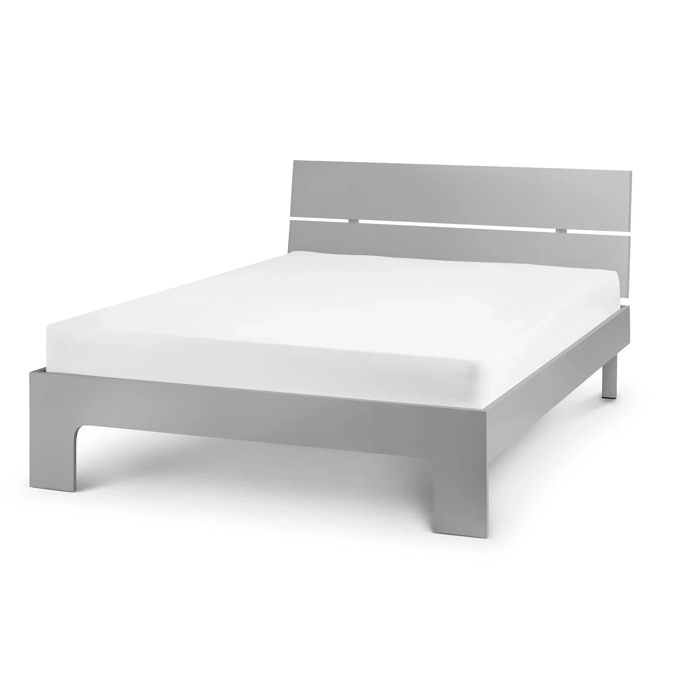 Modern white bed frame with low profile design and matching headboard