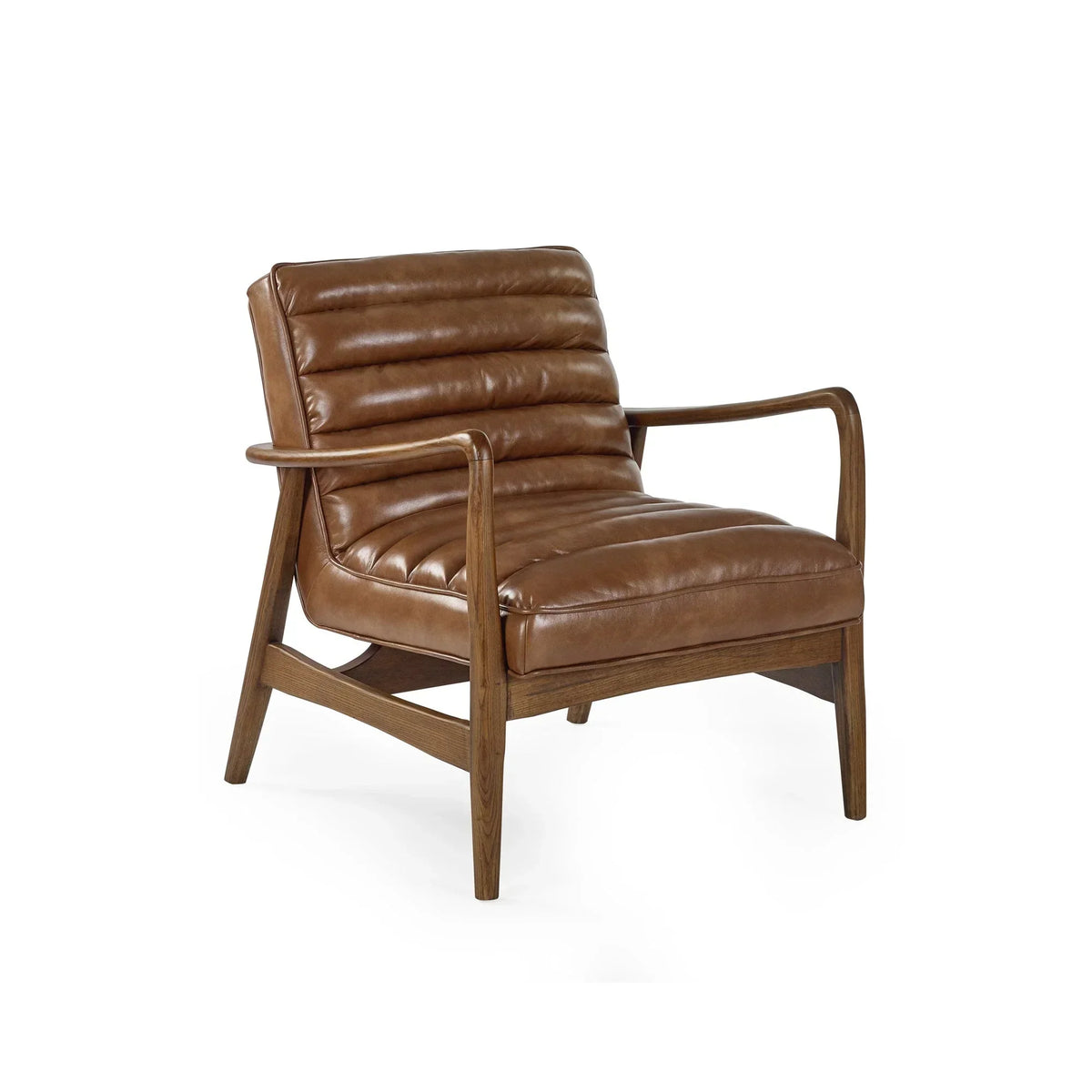 Brown leather accent chair with wooden frame and angled legs
