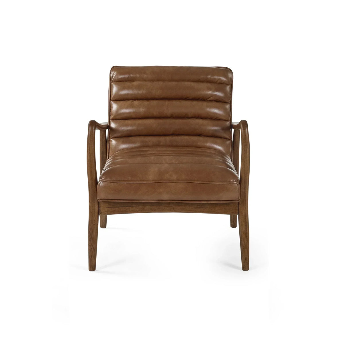 Brown leather accent chair with wooden frame, front view
