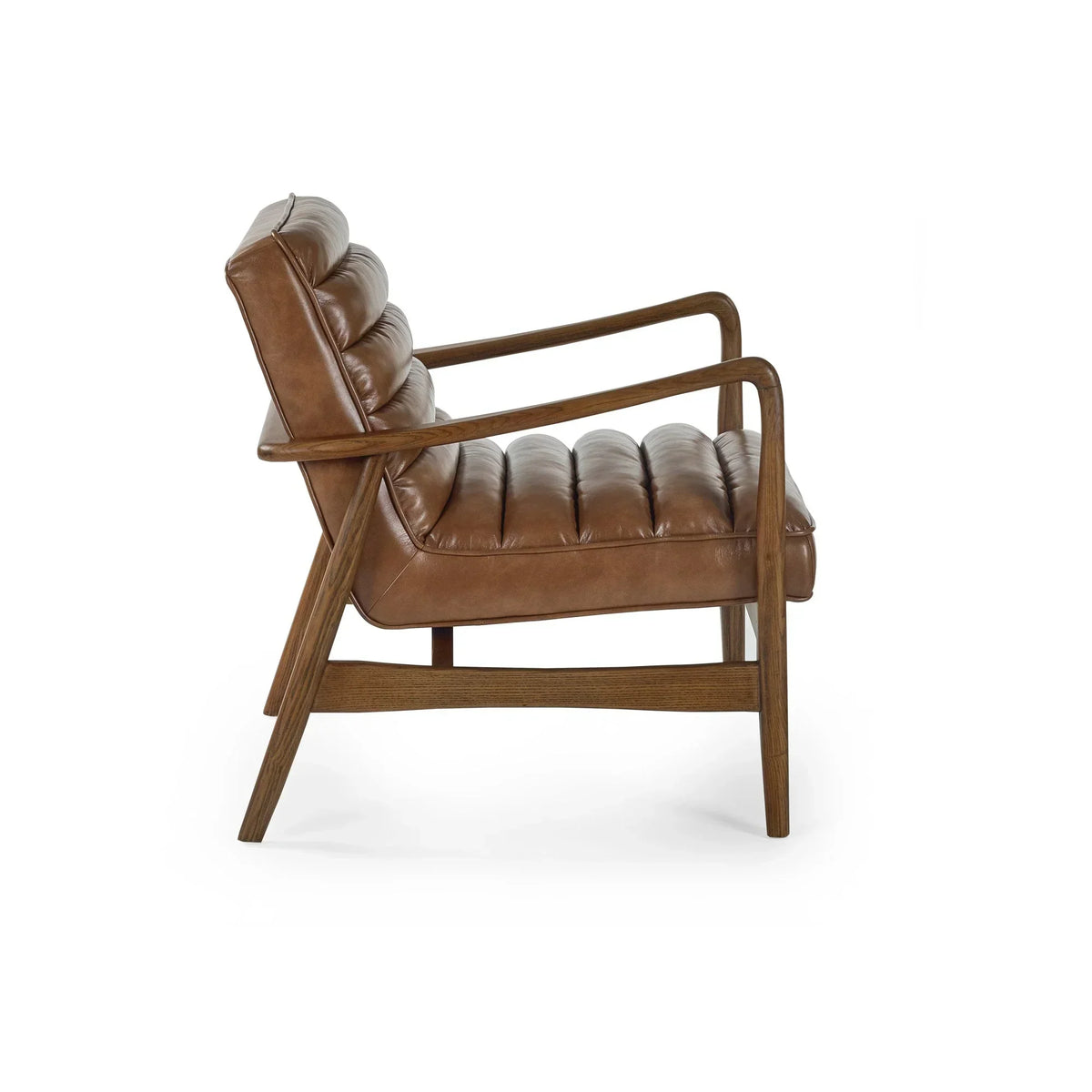 Brown leather accent chair with wooden frame side profile view