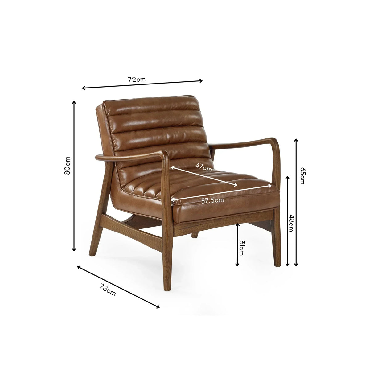Brown leather accent chair with wooden frame and armrests, showing detailed dimensions