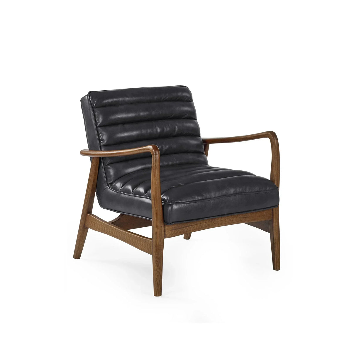 Black leather accent chair with wooden frame and angled armrests on white background