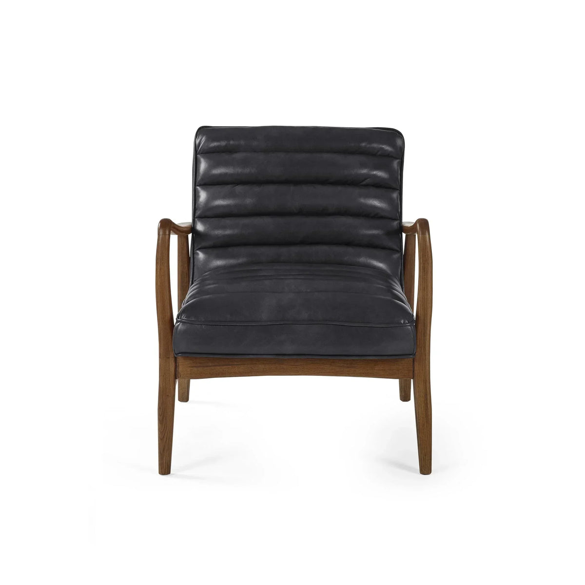 Black leather accent chair with wooden frame and armrests, front view