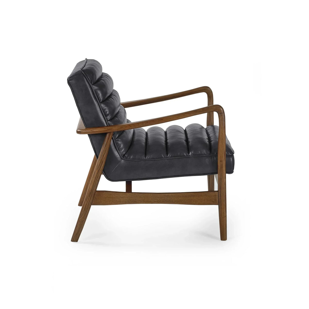 Side view of black leather accent chair with walnut wood frame and padded seat