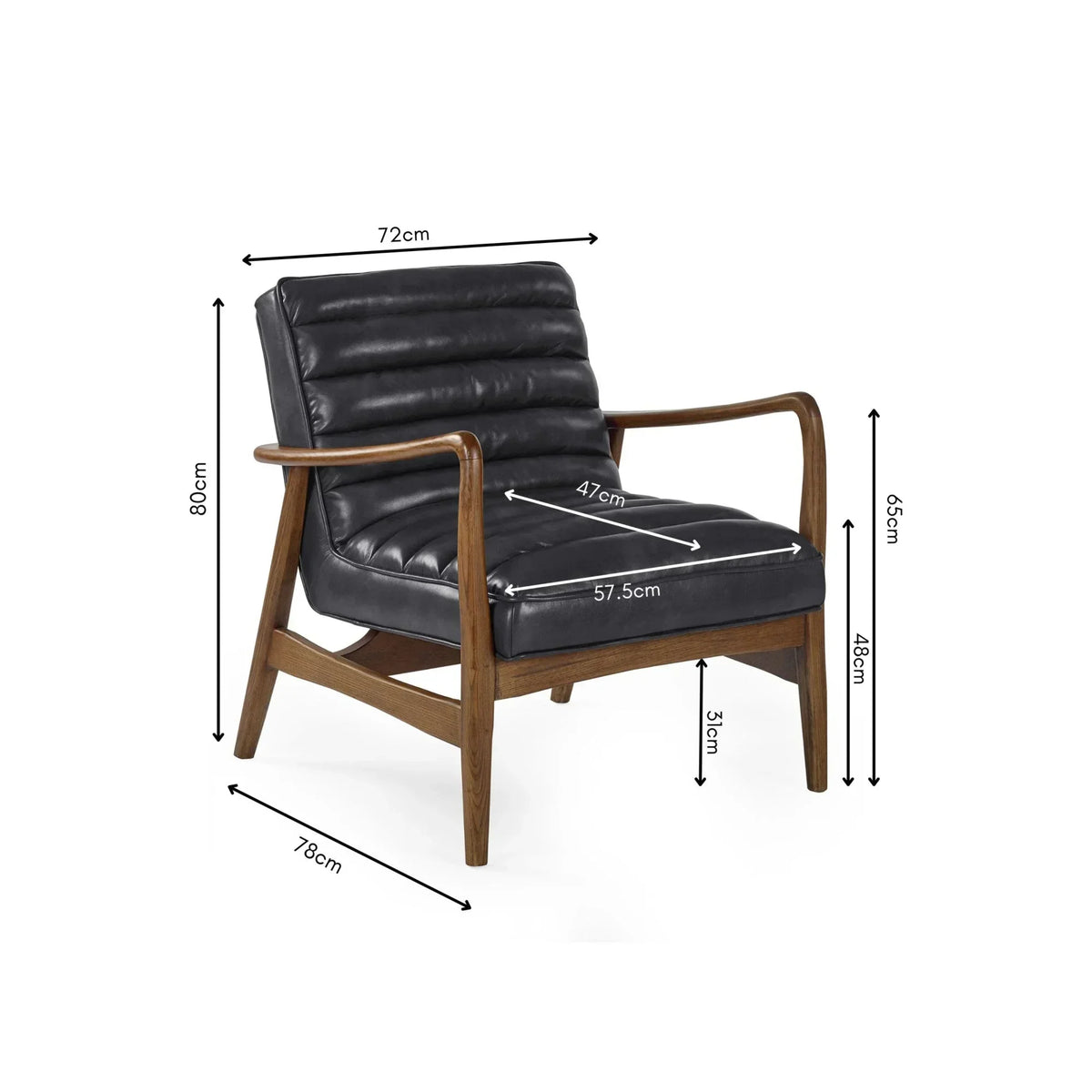 Black leather accent chair with wooden frame, armrests, and measurements marked in centimeters
