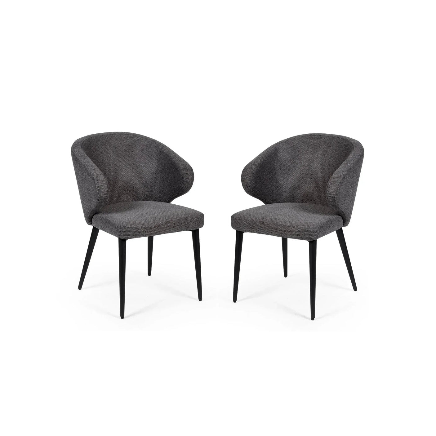 Pair of dark grey fabric dining chairs with curved backs and black tapered legs