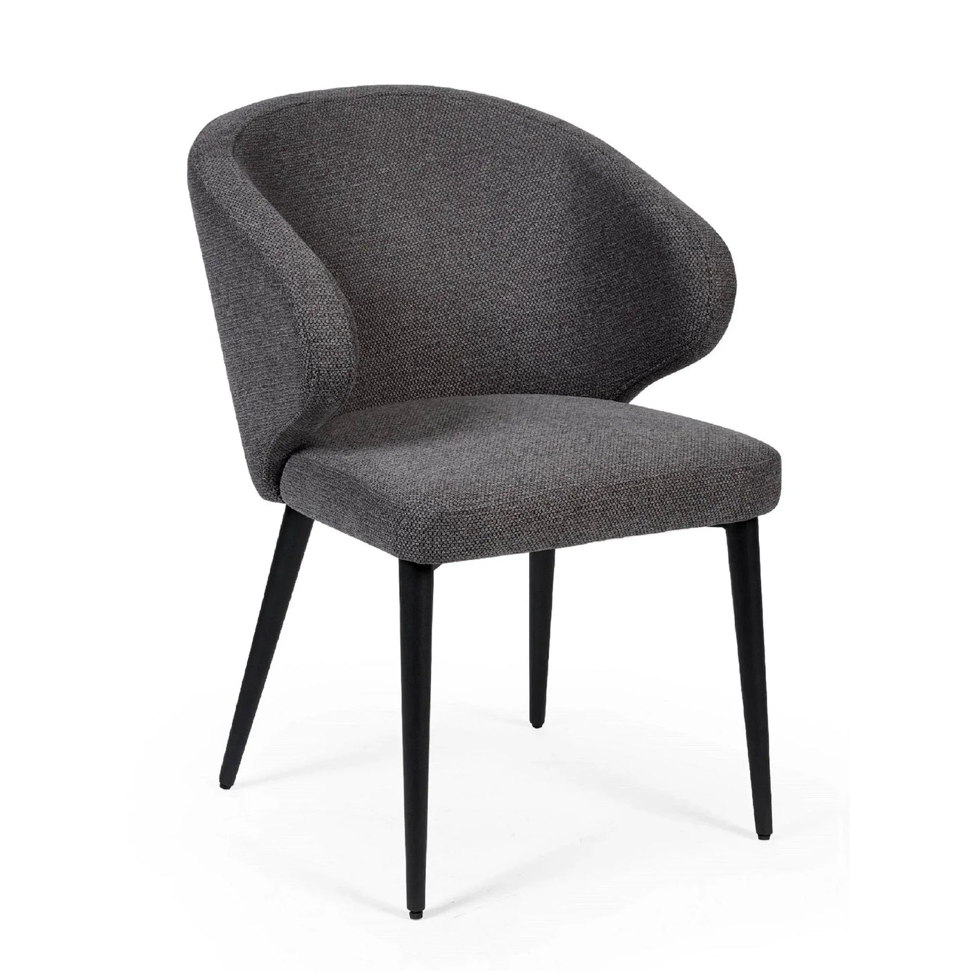 Dark grey fabric dining chair with curved backrest and black tapered metal legs