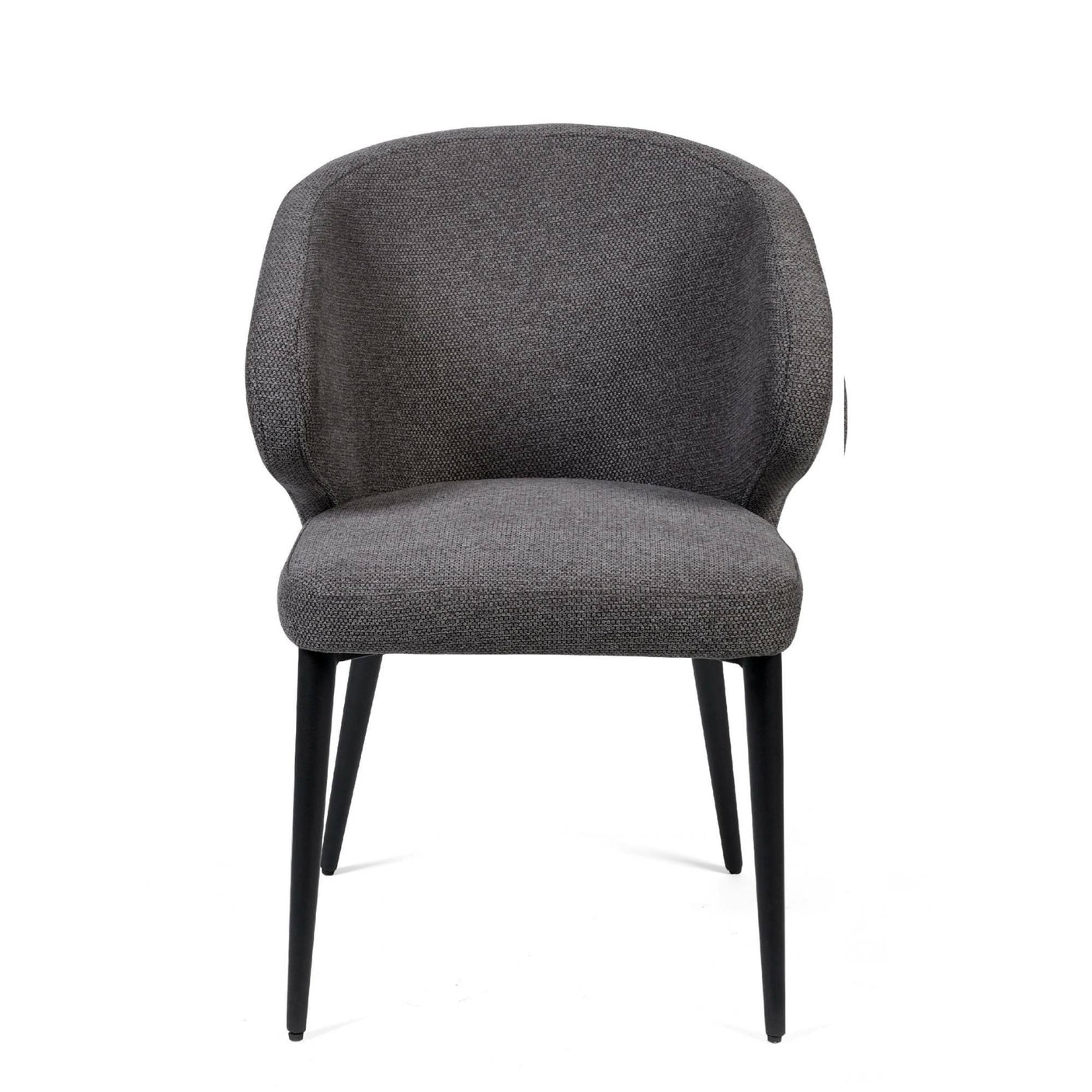Dark grey fabric dining chair with curved back and black metal legs on white background