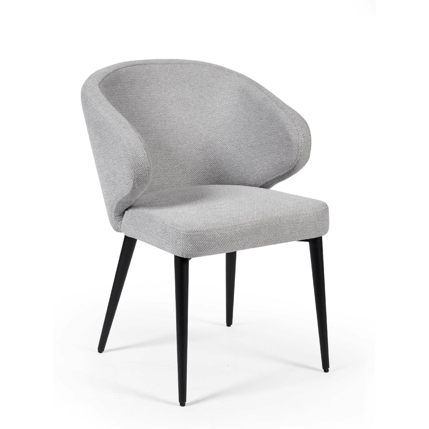 Grey fabric dining chair with curved backrest and black tapered legs