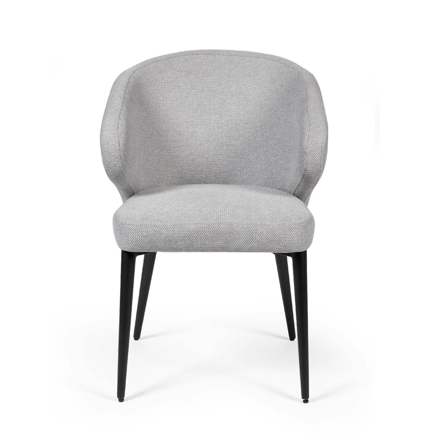 Light grey fabric dining chair with curved backrest and black metal legs, front view