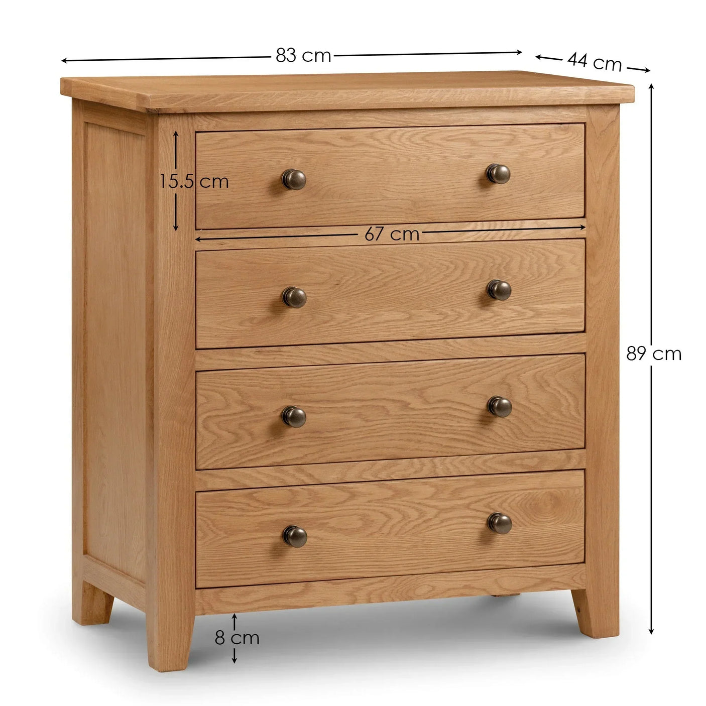 Oak chest of drawers with four drawers and visible dimensions in centimeters