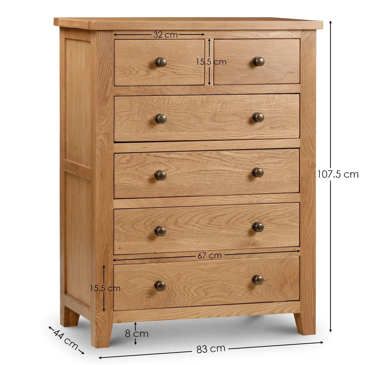 Oak chest of drawers with five drawers, metal knobs and dimensions displayed at front angle